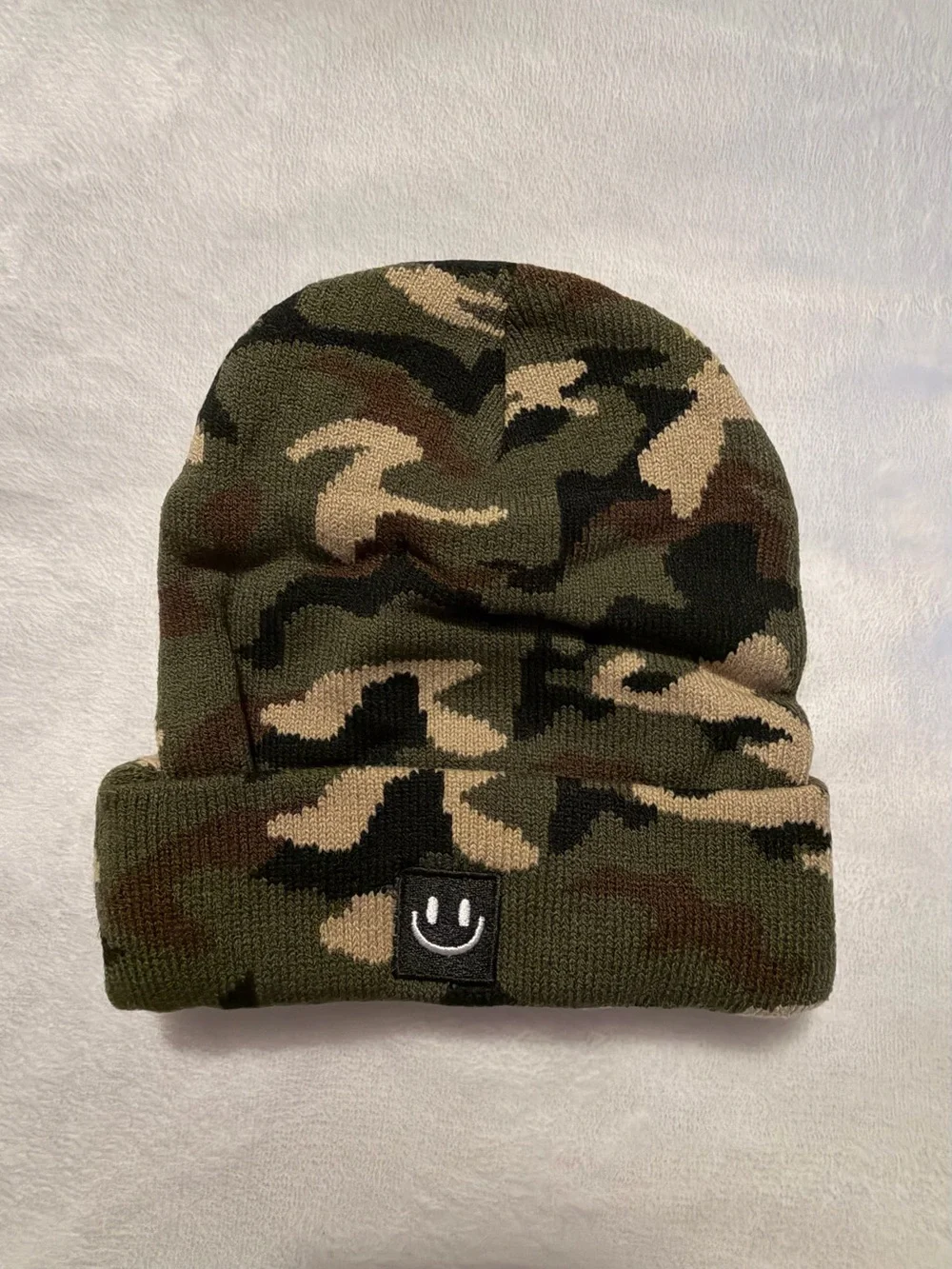 FHJAX 3 Pack Kids Knit Beanies with Smiley Patch Black, Gray and Camo